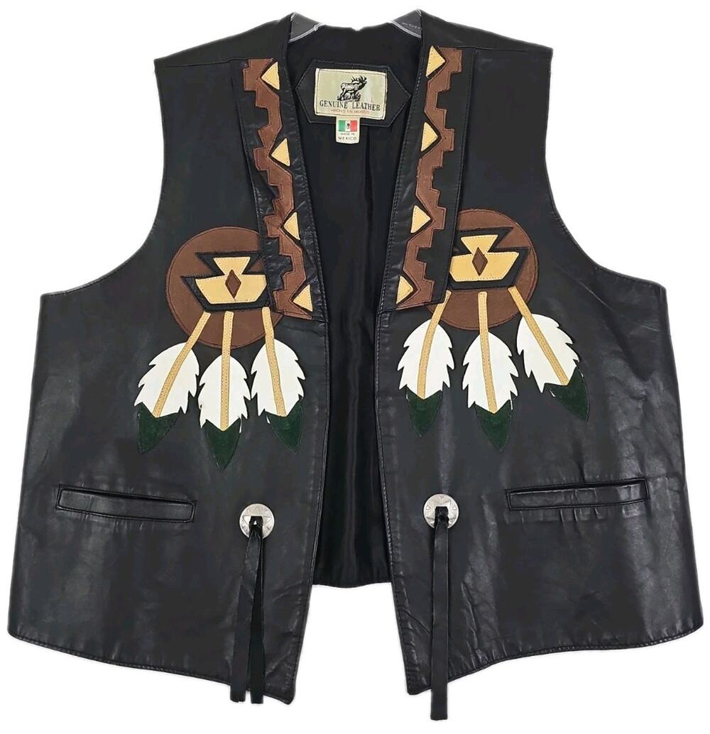 VINTAGE Black Mexican Leather Colorful Vest Open Front w/Applique Men's Size L